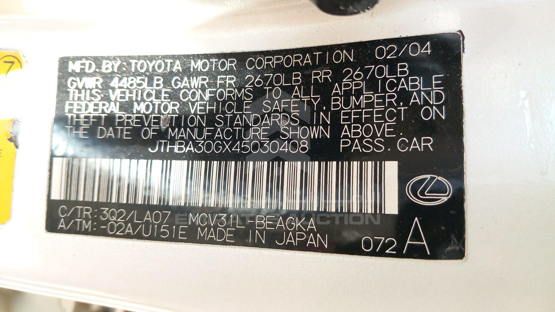 2004 LEXUS ES 300 VIN: JTHBA30GX45030408