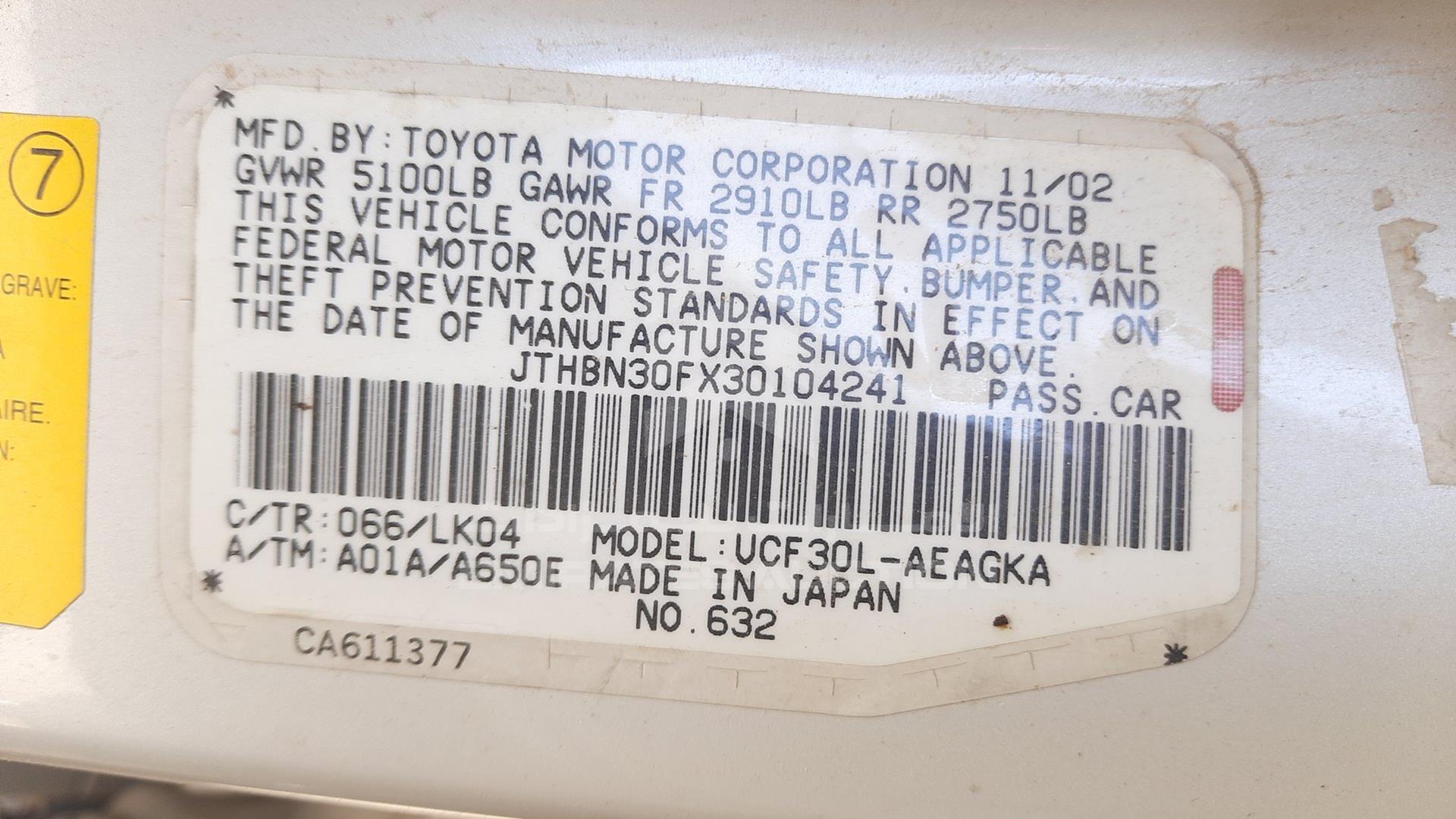 2003 LEXUS LS 430 VIN: JTHBN30FX30104241