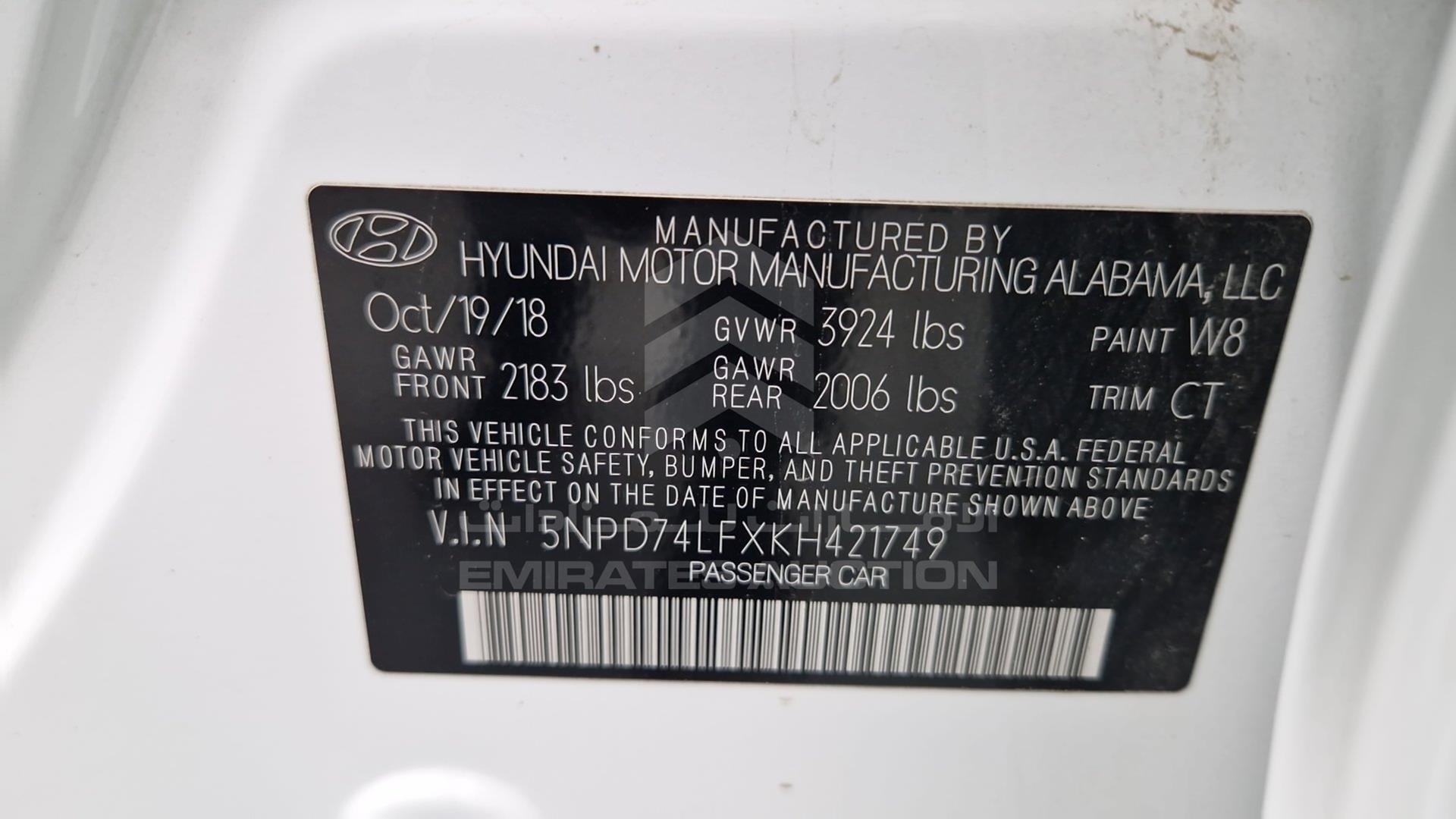 2019 HYUNDAI ELANTRA VIN: 5NPD74LFXKH421749
