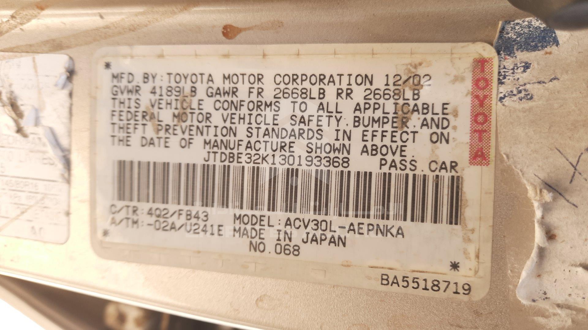 2003 TOYOTA CAMRY VIN: JTDBE32K130193368