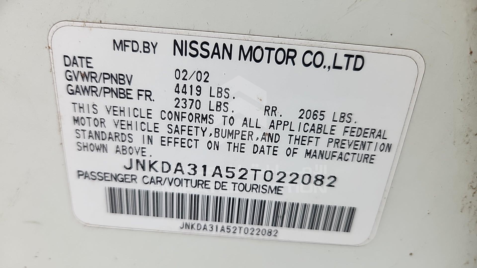 2002 INFINITI --- VIN: JNKDA31A52T022082
