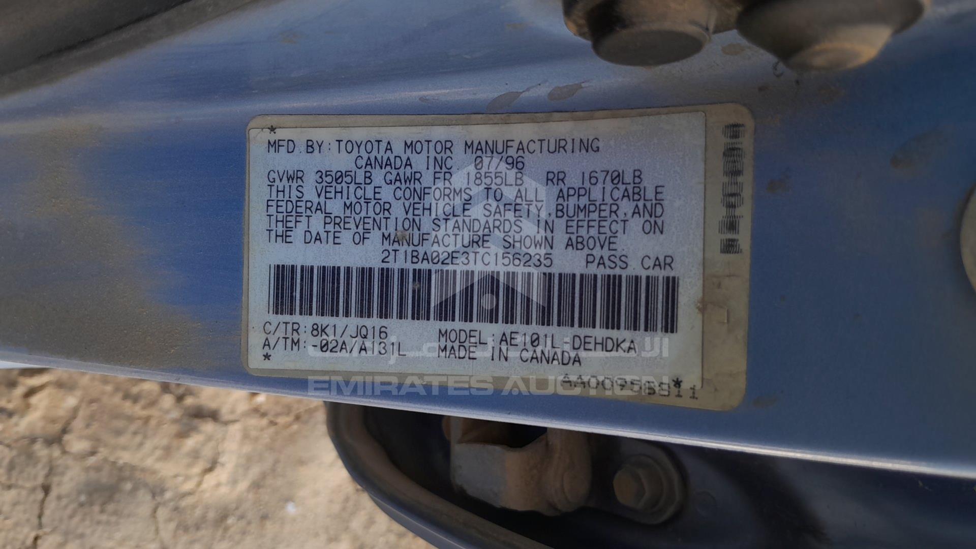 1996 TOYOTA COROLLA VIN: 2T1BA02E3TC156235