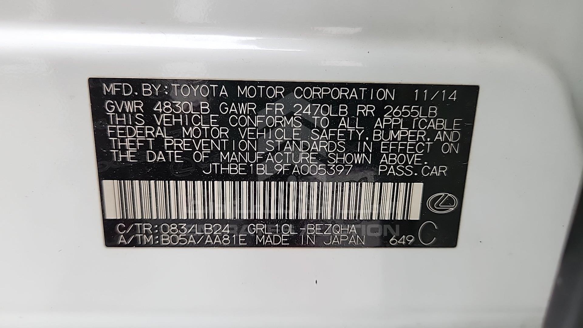 2015 LEXUS GS 350 VIN: JTHBE1BL9FA005397