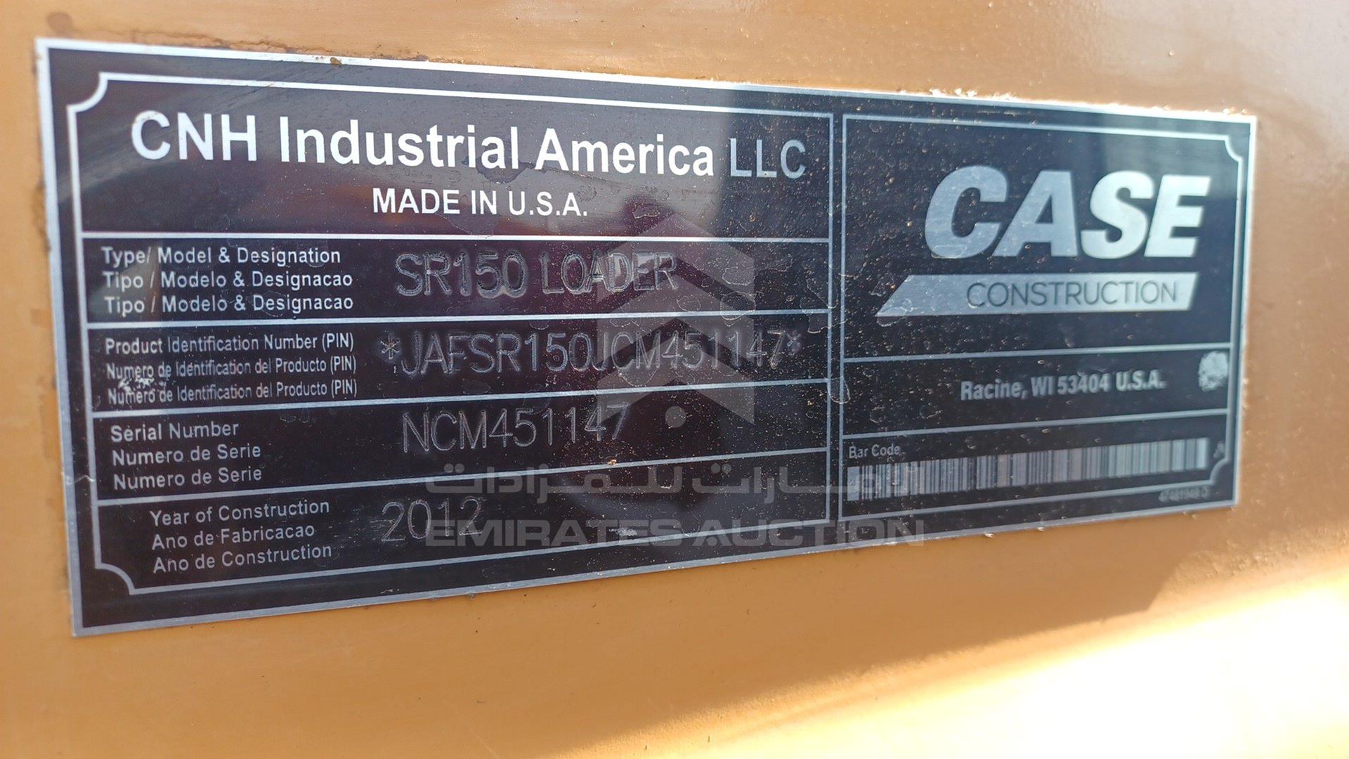 2012 CASE SR150 VIN: JAFSR150JCM451147
