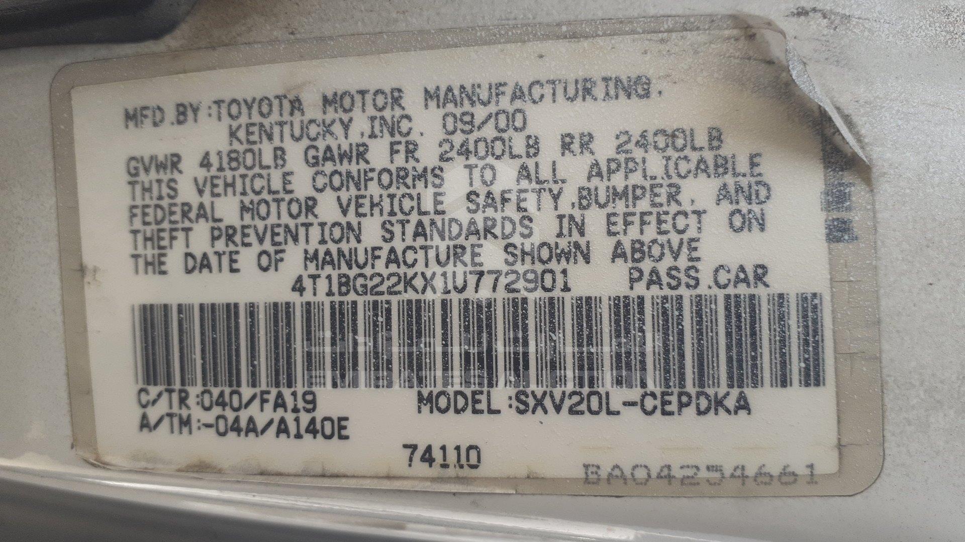 4T1BG22KX1U772901 - 2001 Toyota Camry - #507562
