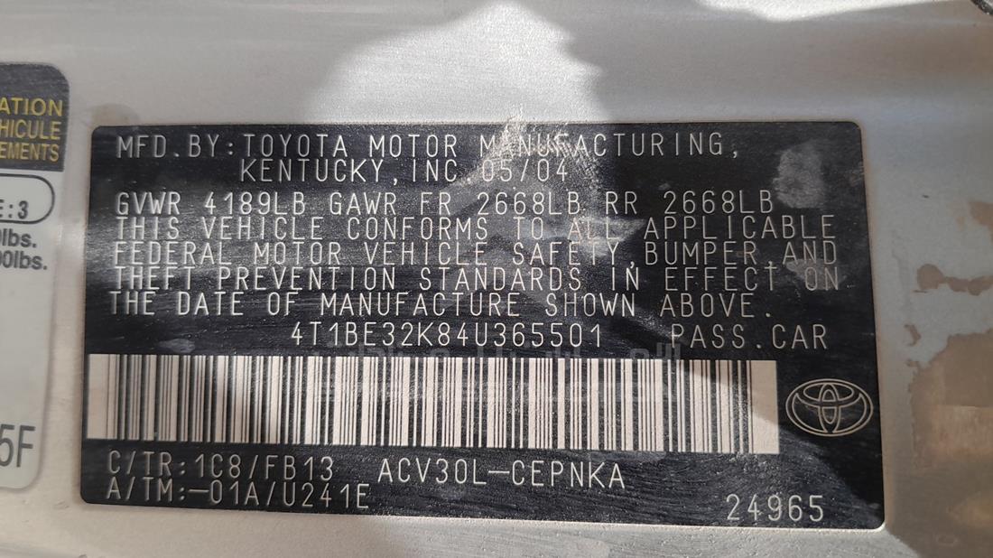 2004 Toyota Camry — VIN on Frame — Photo 2