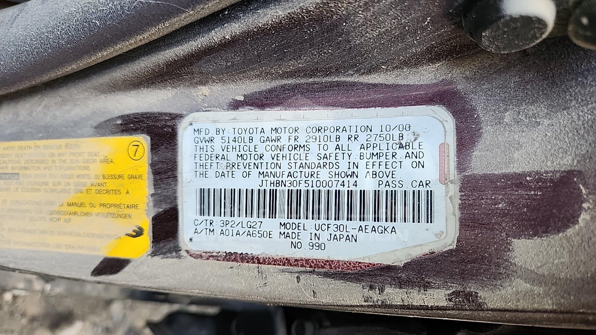 2001 LEXUS LS 430 VIN: JTHBN30F510007414