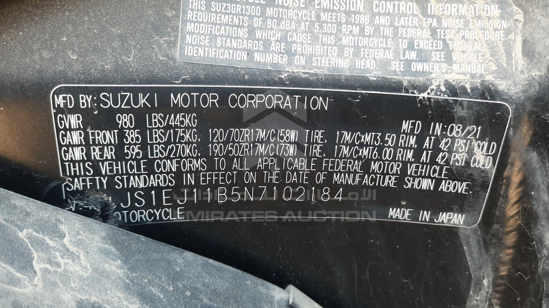 0 SUZUKI MOTORBIKE VIN: JS1EJ11B5N7102184