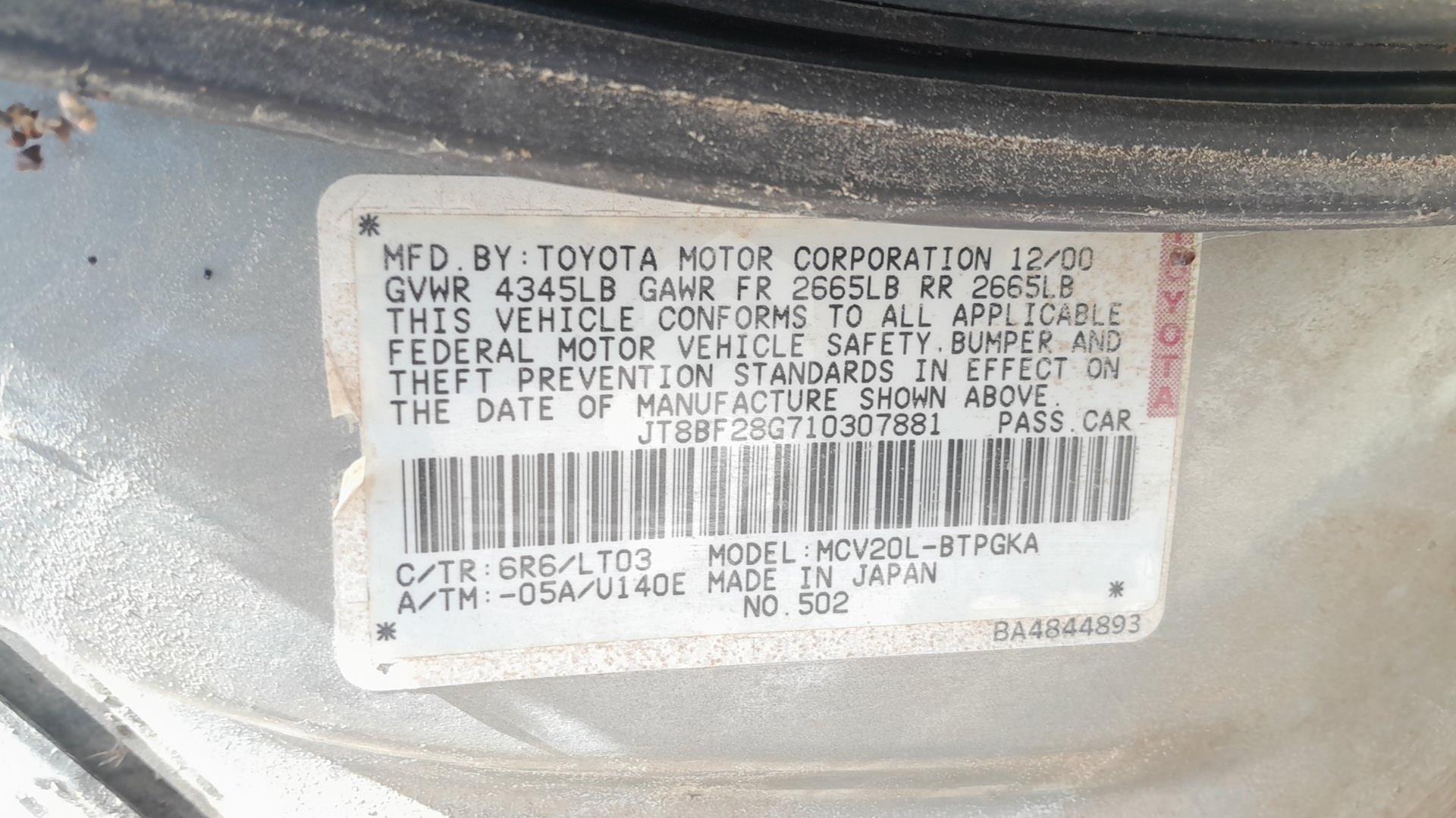 2001 LEXUS ES 300 VIN: JT8BF28G710307881