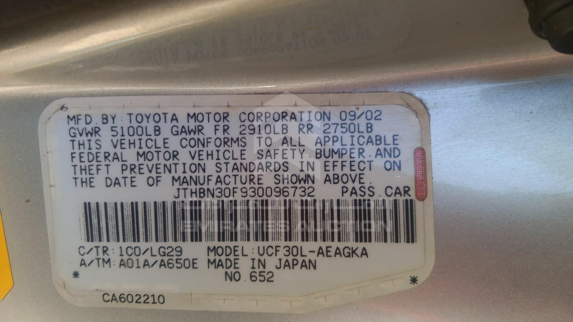 2003 LEXUS LS 430 VIN: JTHBN30F930096732