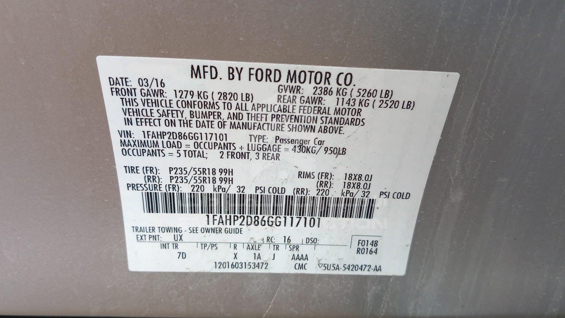 2016 FORD TAURUS VIN: 1FAHP2D86GG117101