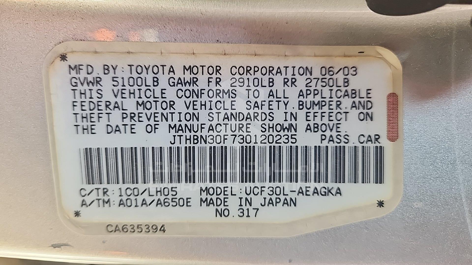 2003 LEXUS LS 430 VIN: JTHBN30F730120235