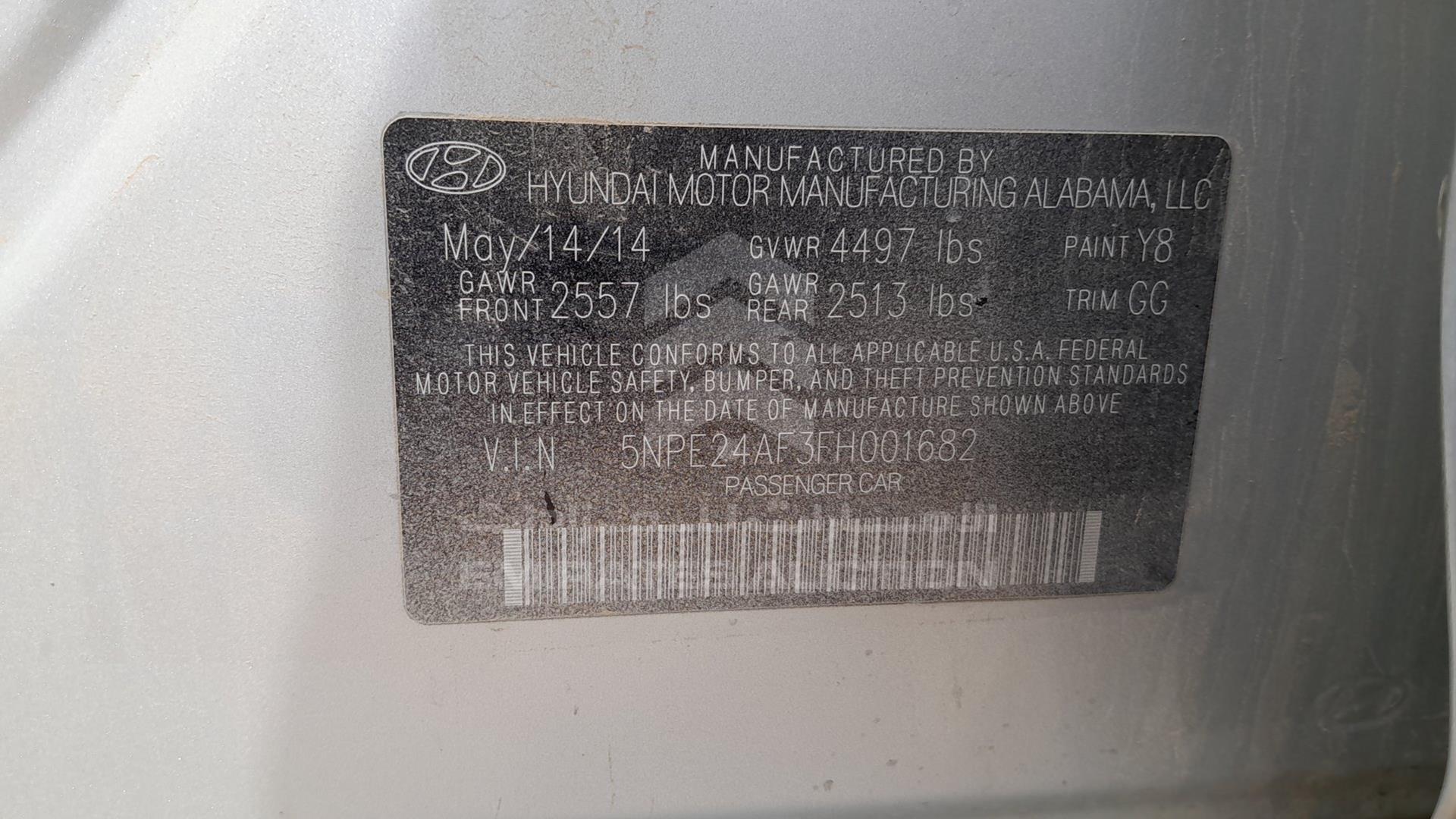 2015 HYUNDAI SONATA VIN: 5NPE24AF3FH001682
