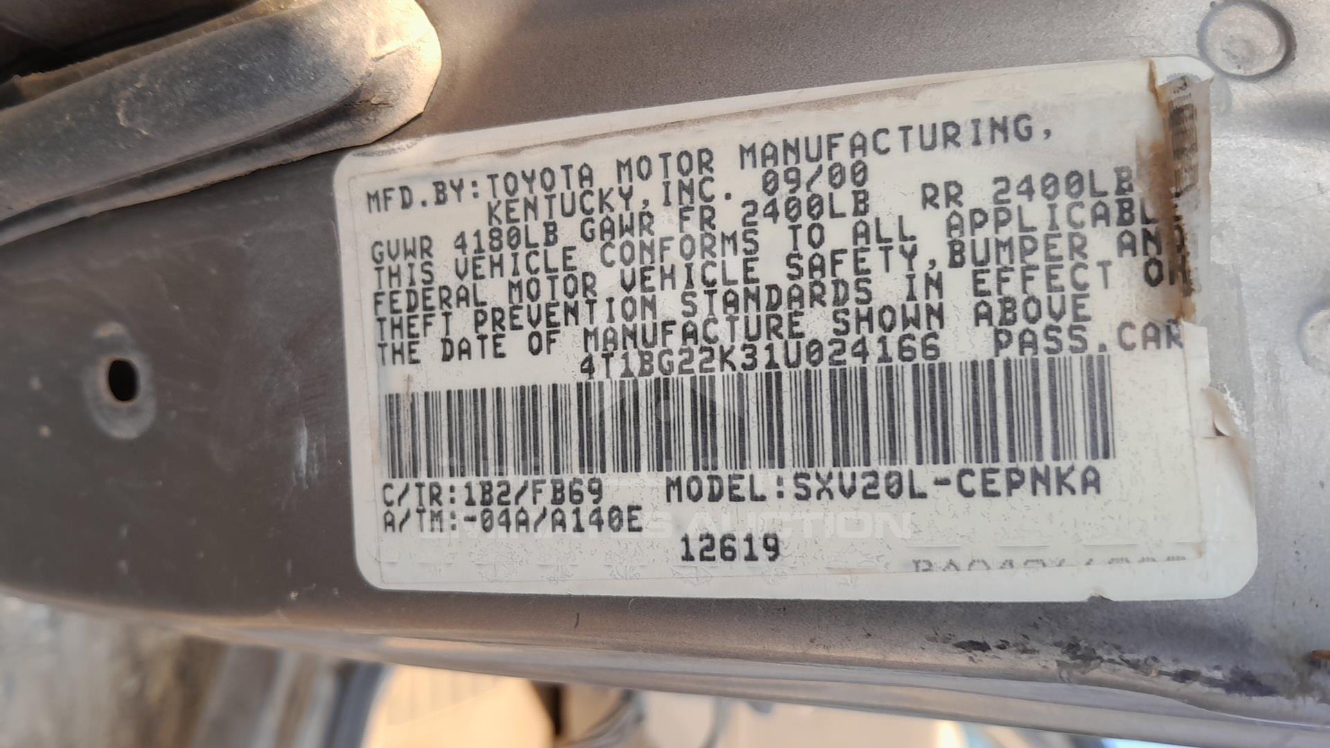 2001 TOYOTA CAMRY VIN: 4T1BG22K31U024166