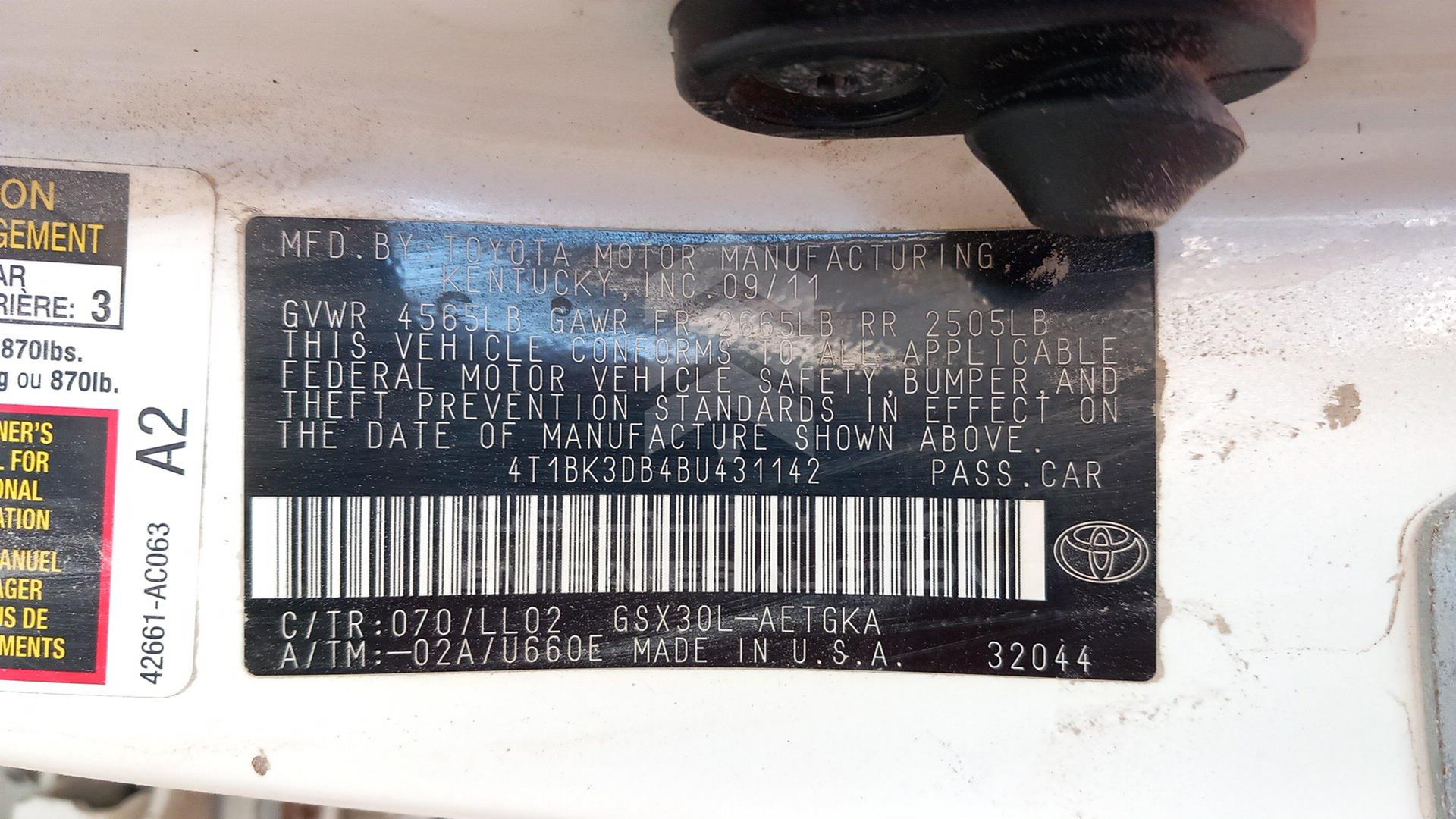 2011 TOYOTA AVALON VIN: 4T1BK3DB4BU431142