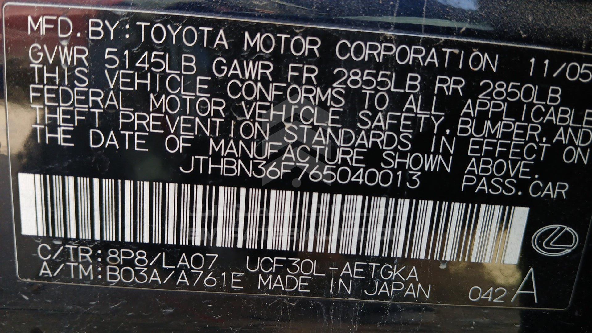 2006 LEXUS LS 430 VIN: JTHBN36F765040013