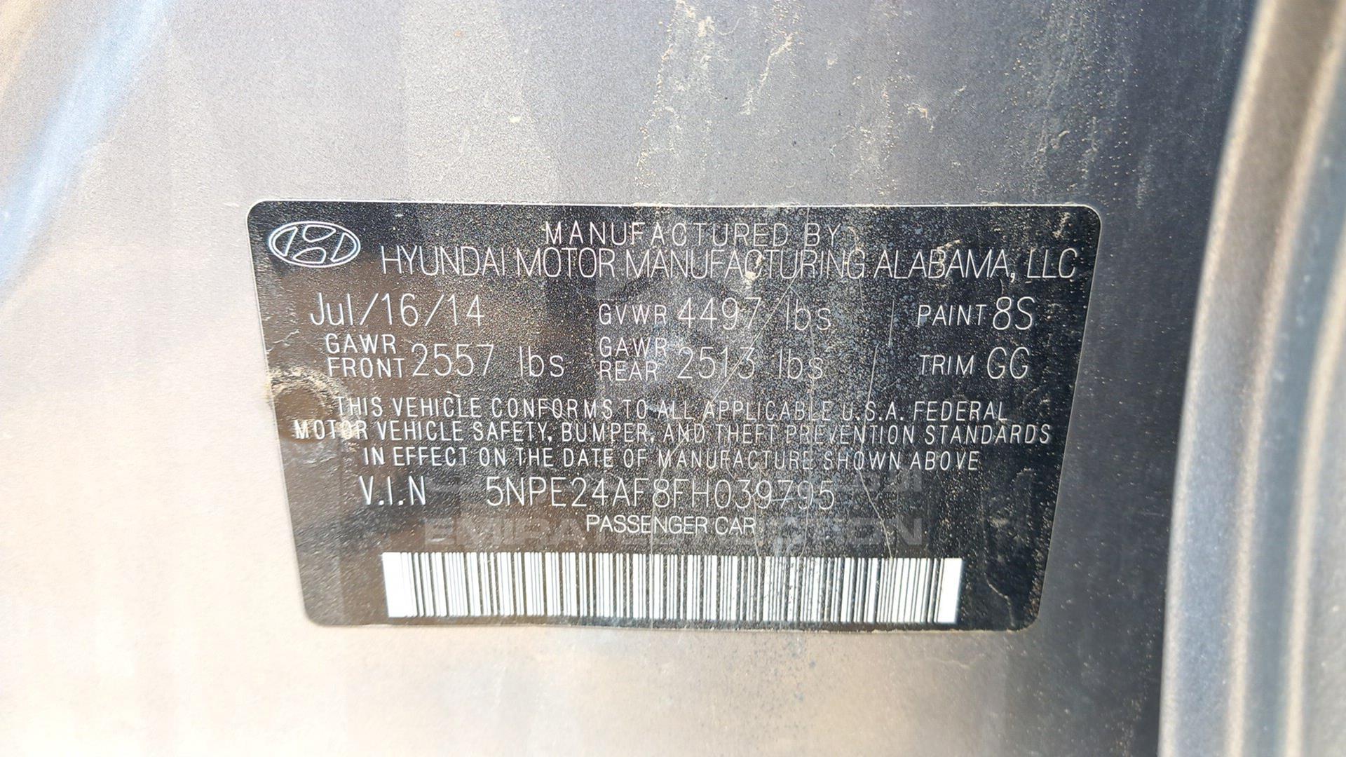 2015 HYUNDAI SONATA VIN: 5NPE24AF8FH039795