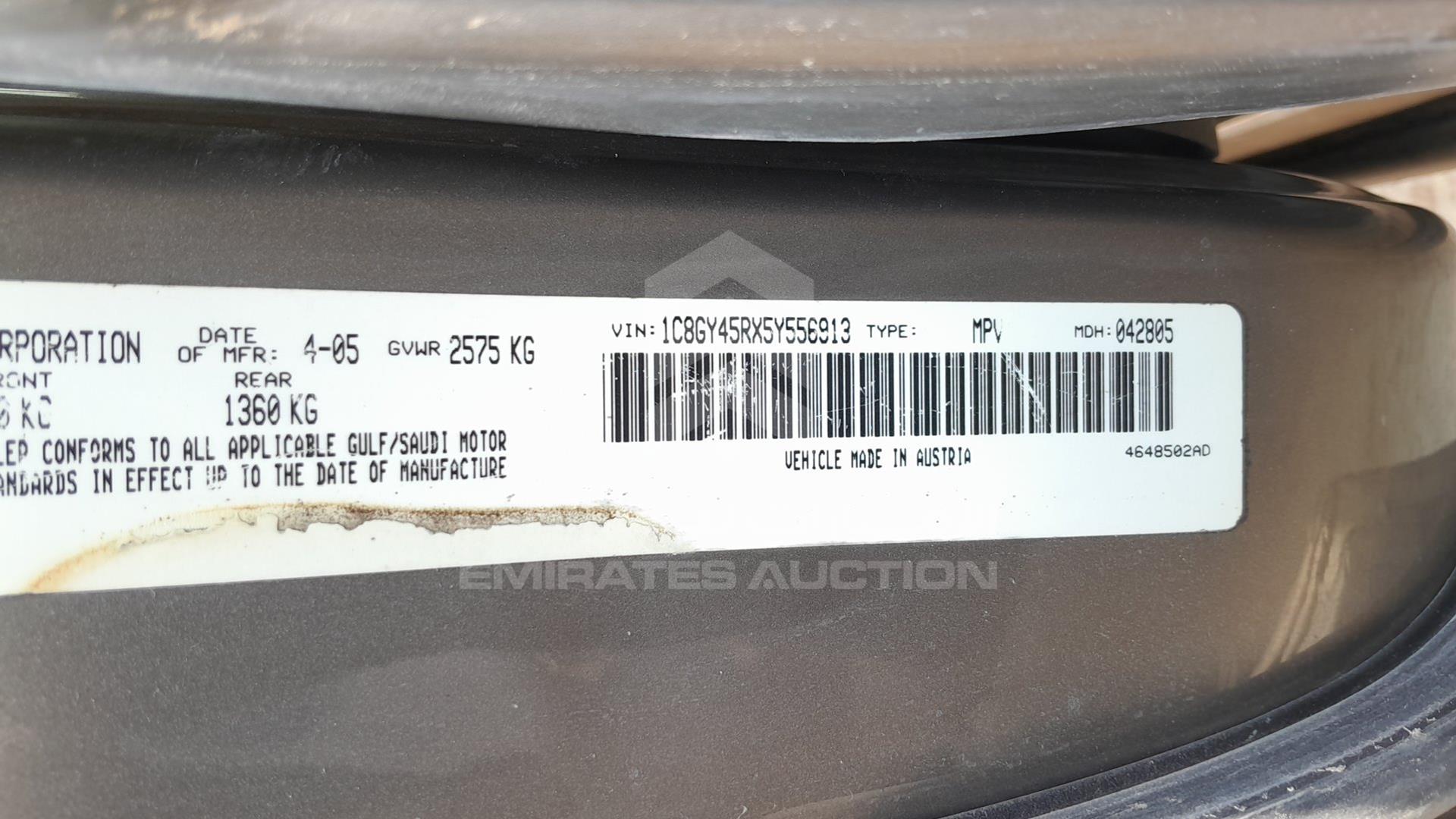 2005 CHRYSLER GRAND VOYAGER VIN: 1C8GY45RX5Y556913