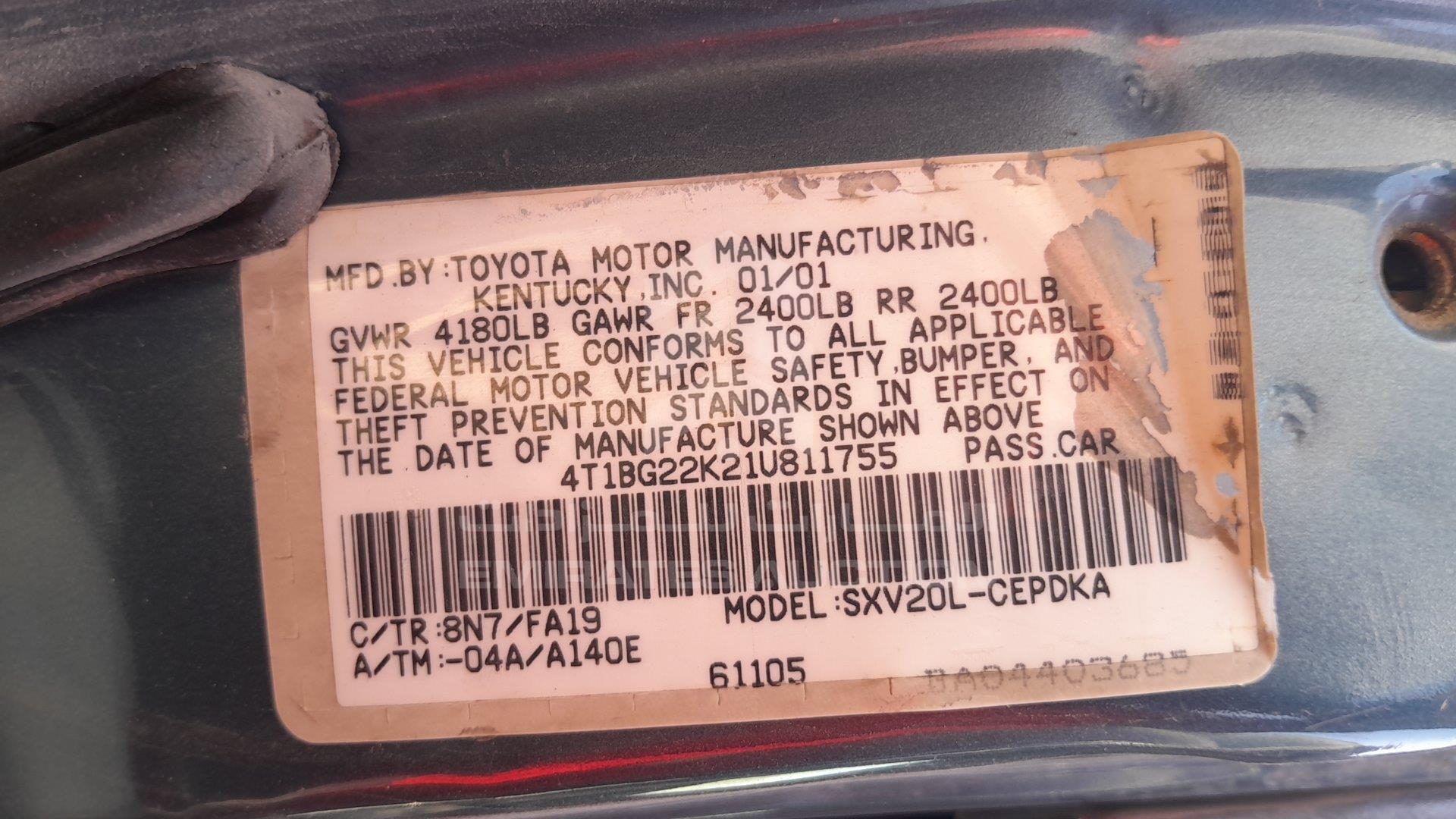4T1BG22K21U811755 - 2001 Toyota Camry - #489602