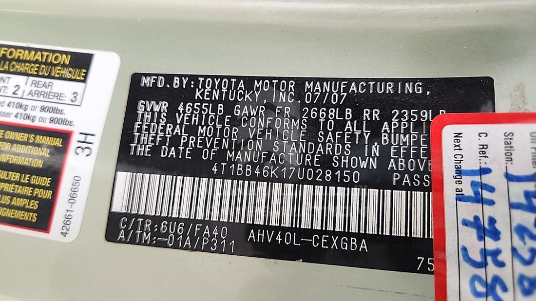 2007 Toyota Camry — VIN on Frame — Photo 2