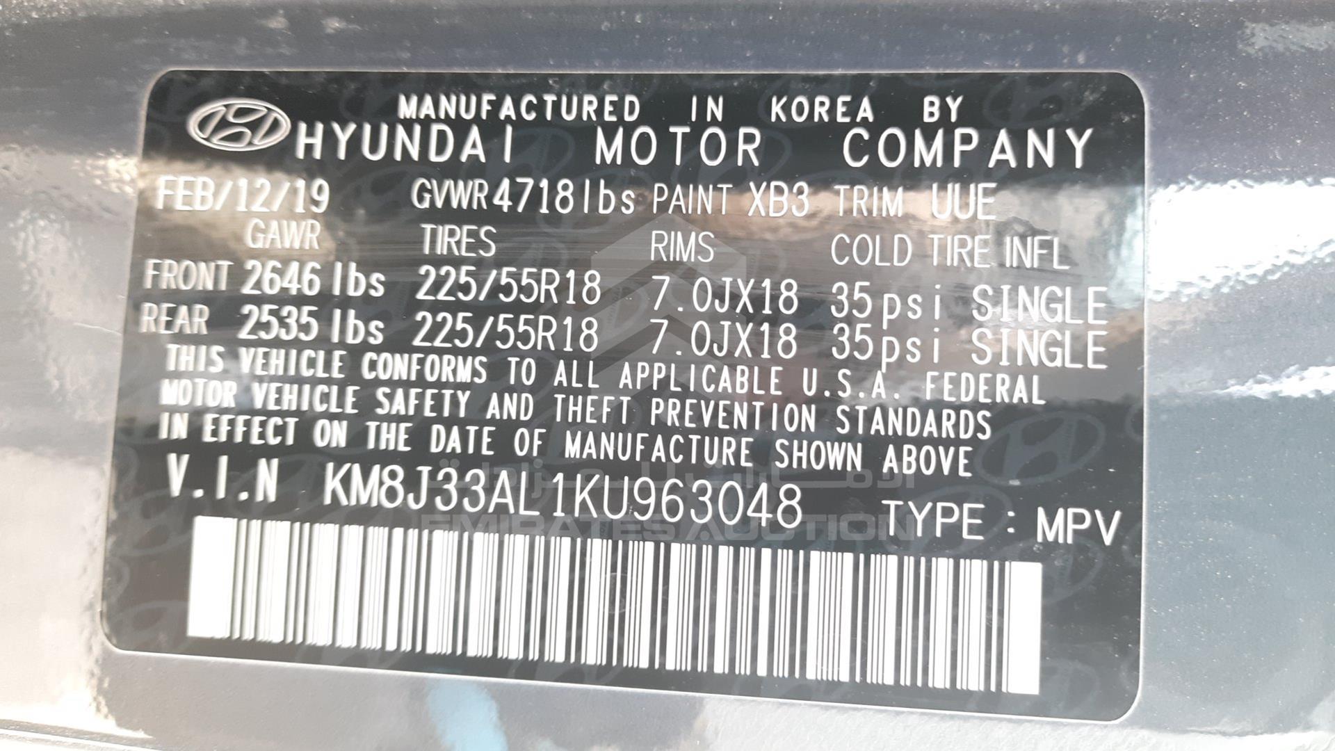 2019 HYUNDAI TUCSON VIN: KM8J33AL1KU963048
