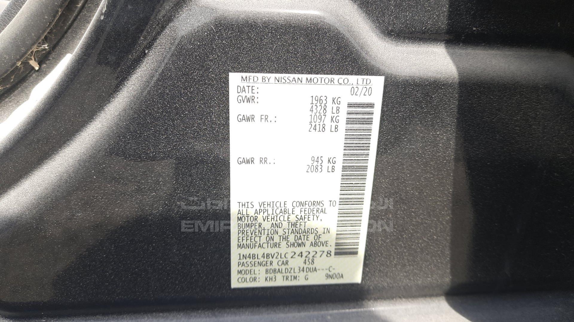 2020 NISSAN ALTIMA VIN: 1N4BL4BV2LC242278