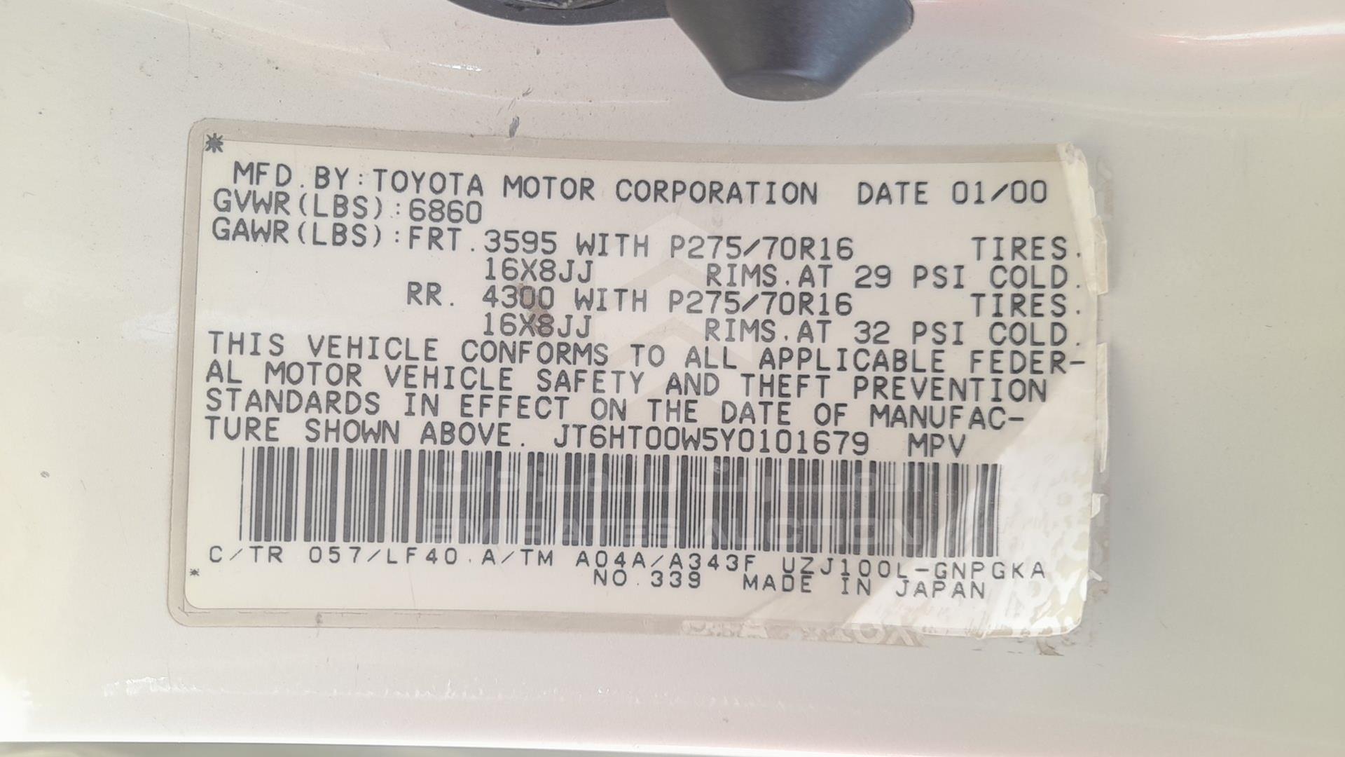 2000 LEXUS LX 470 VIN: JT6HT00W5Y0101679