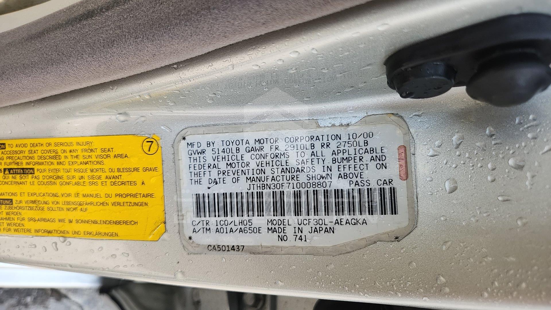 2001 LEXUS LS 430 VIN: JTHBN30F710008807
