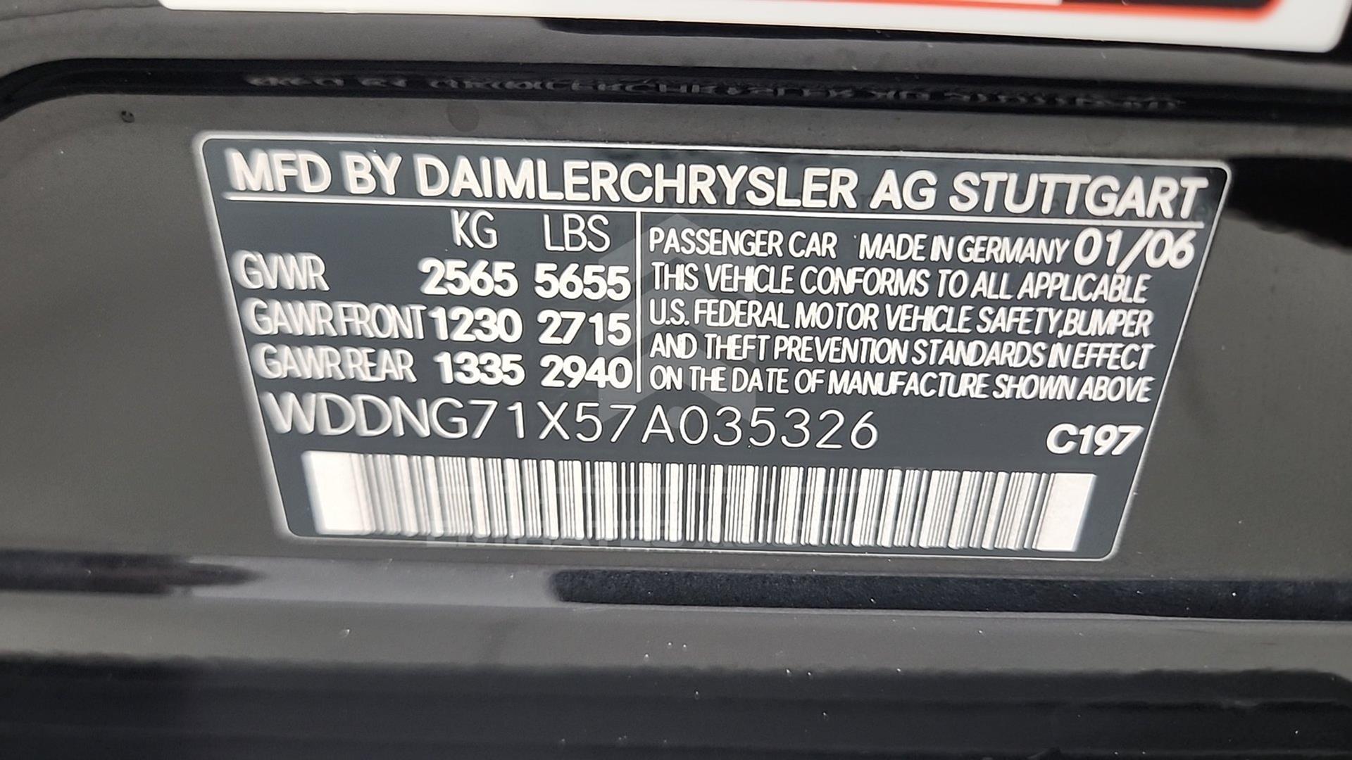 2007 MERCEDES S 550 VIN: WDDNG71X57A035326