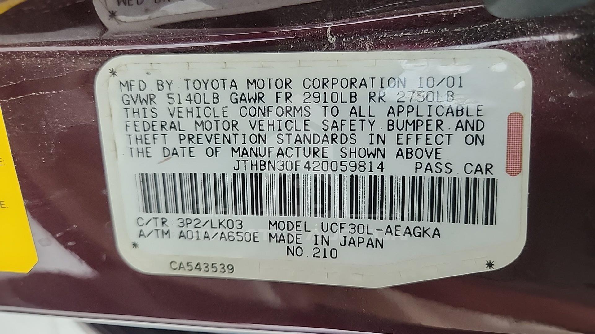 2002 LEXUS LS 430 VIN: JTHBN30F420059814