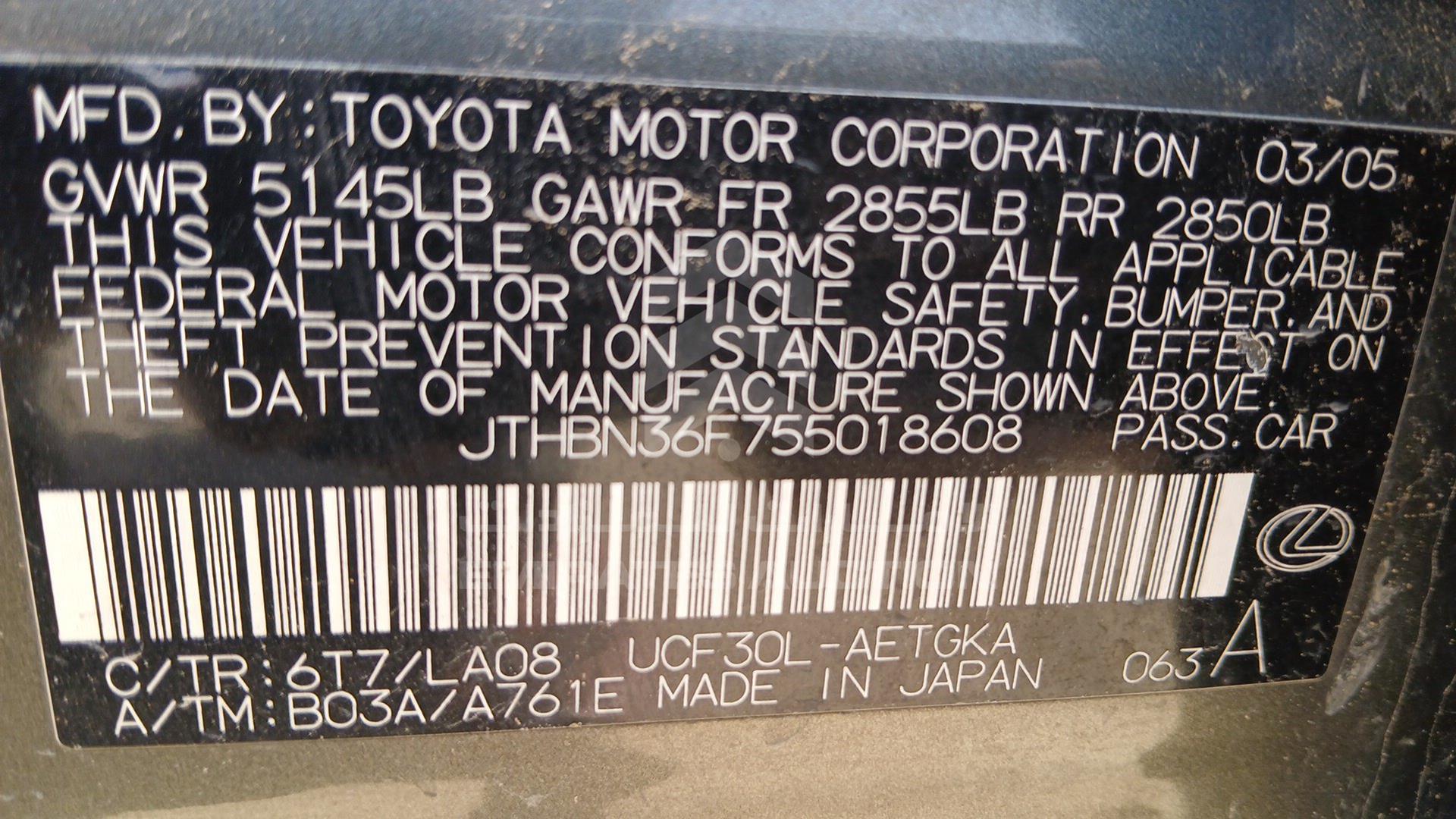 2005 LEXUS LS 430 VIN: JTHBN36F755018608