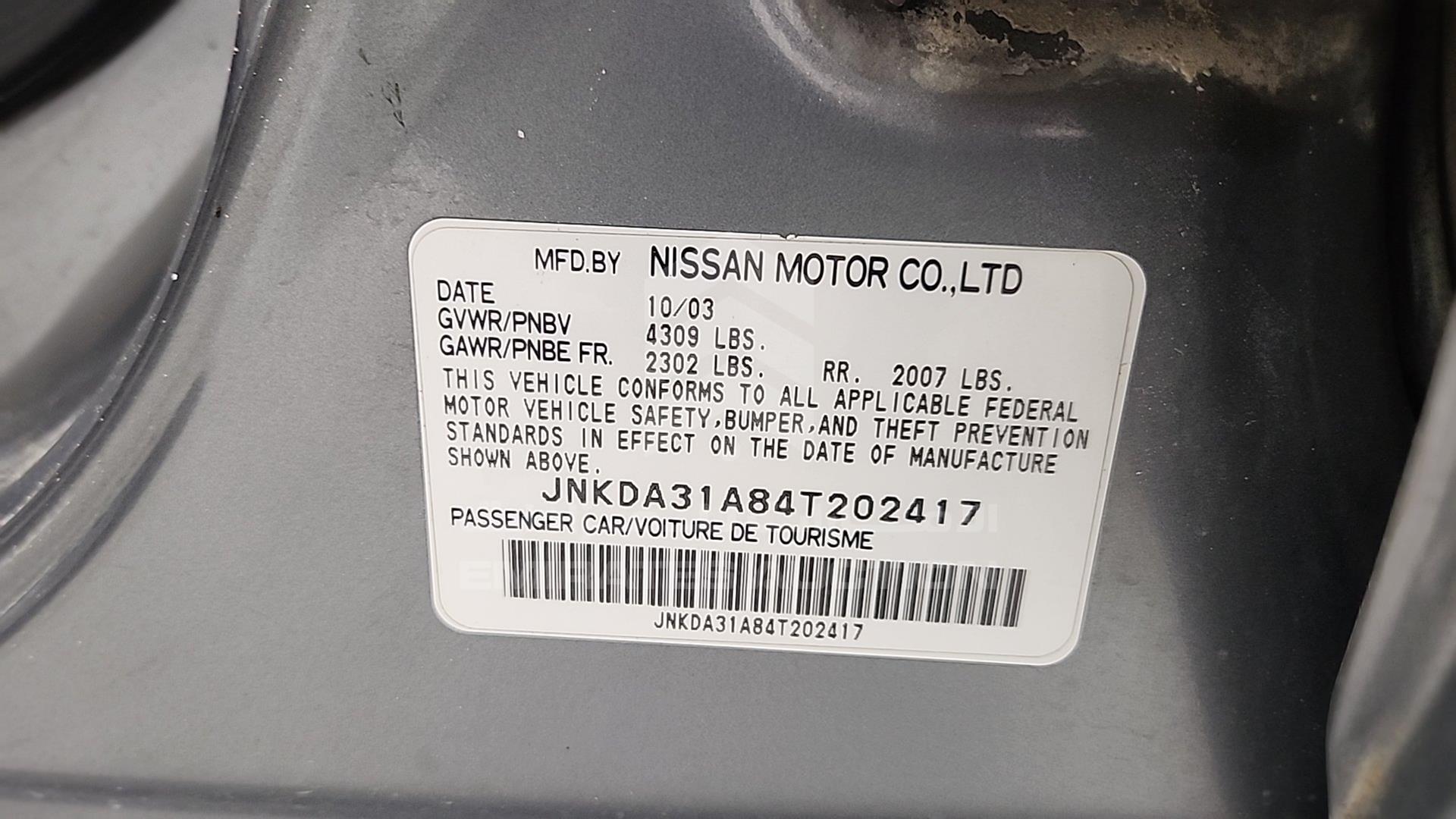 2004 INFINITI I 35 VIN: JNKDA31A84T202417
