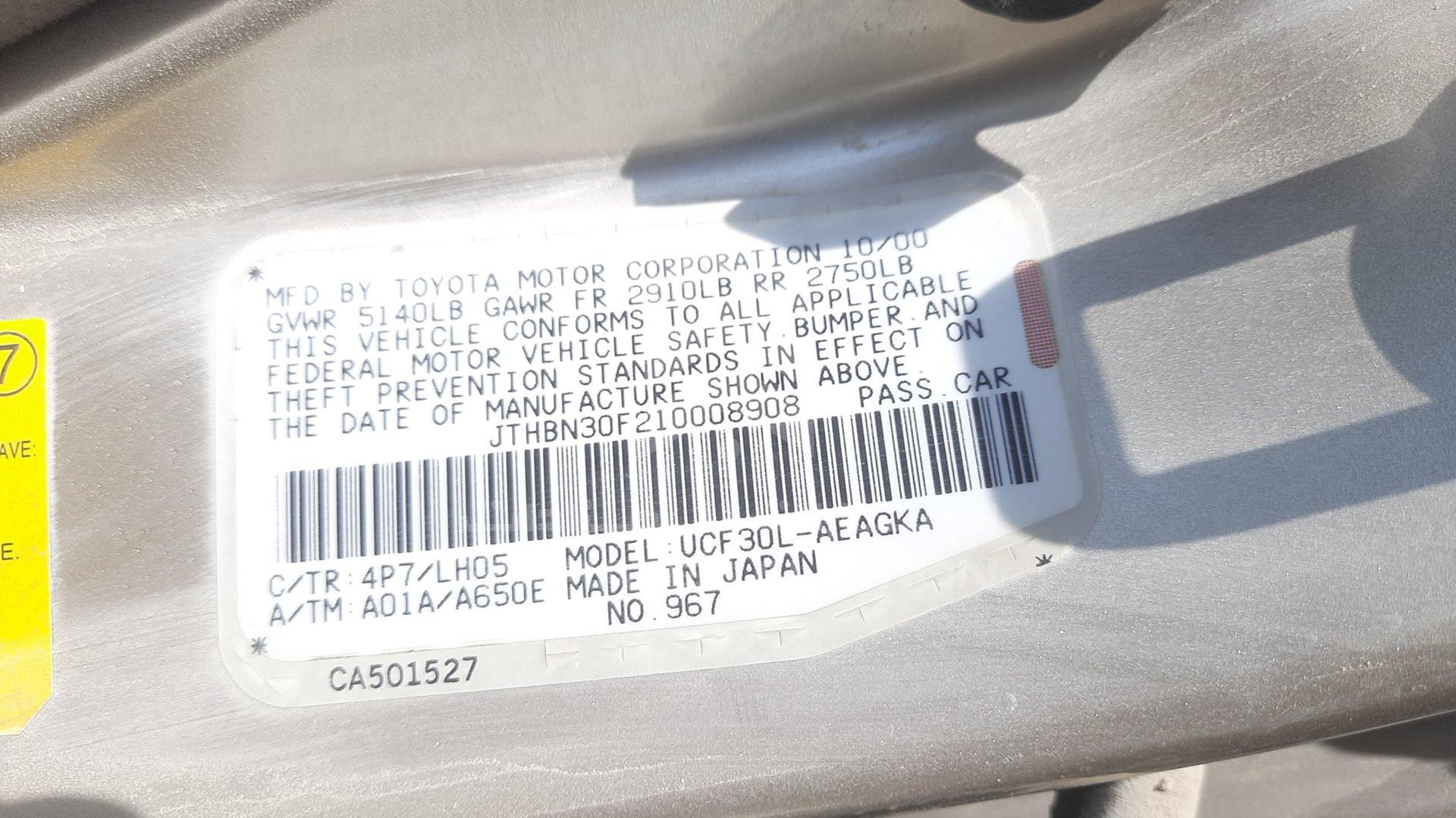 2001 LEXUS LS 430 VIN: JTHBN30F210008908