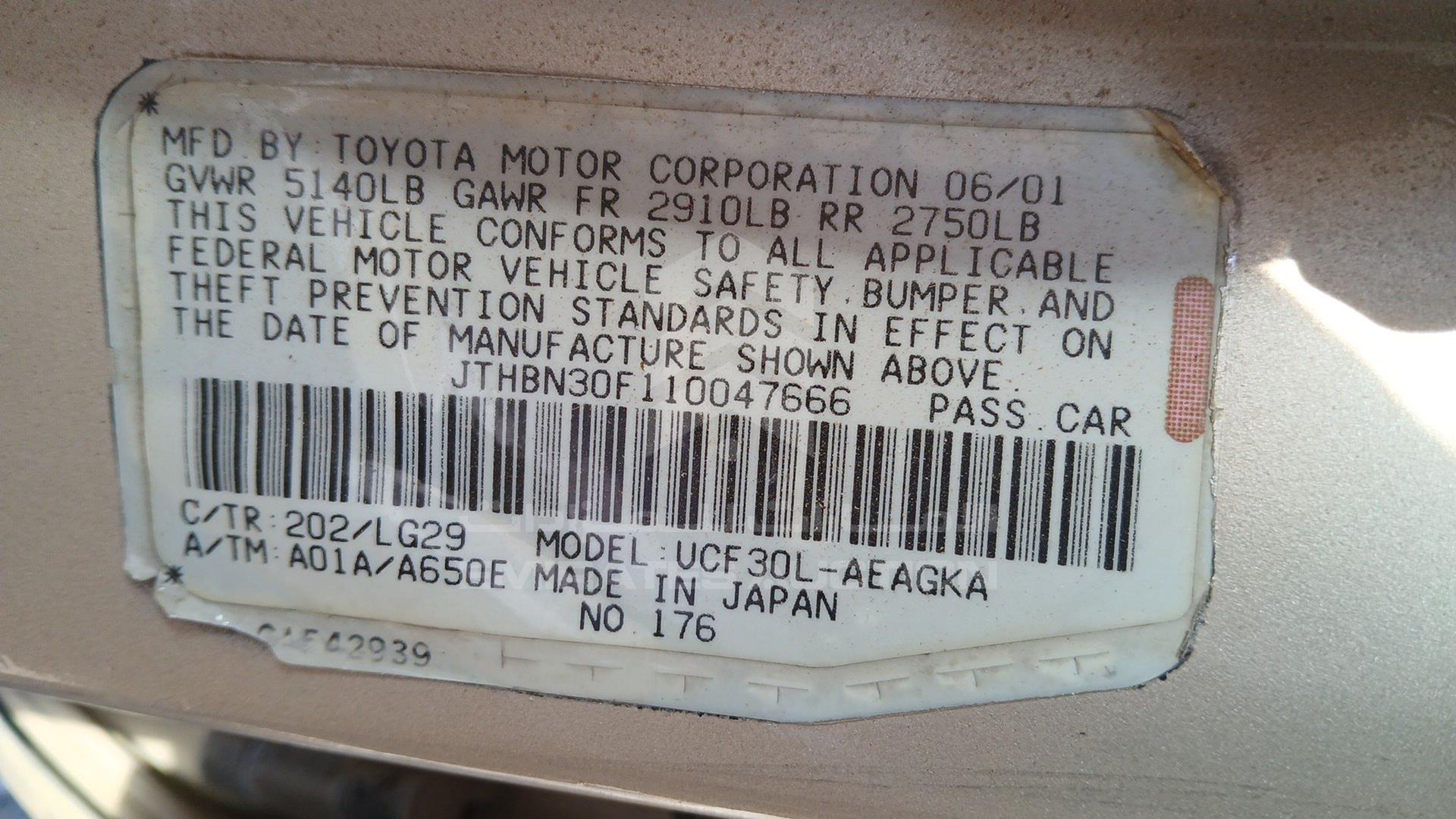 2001 LEXUS LS 430 VIN: JTHBN30F110047666