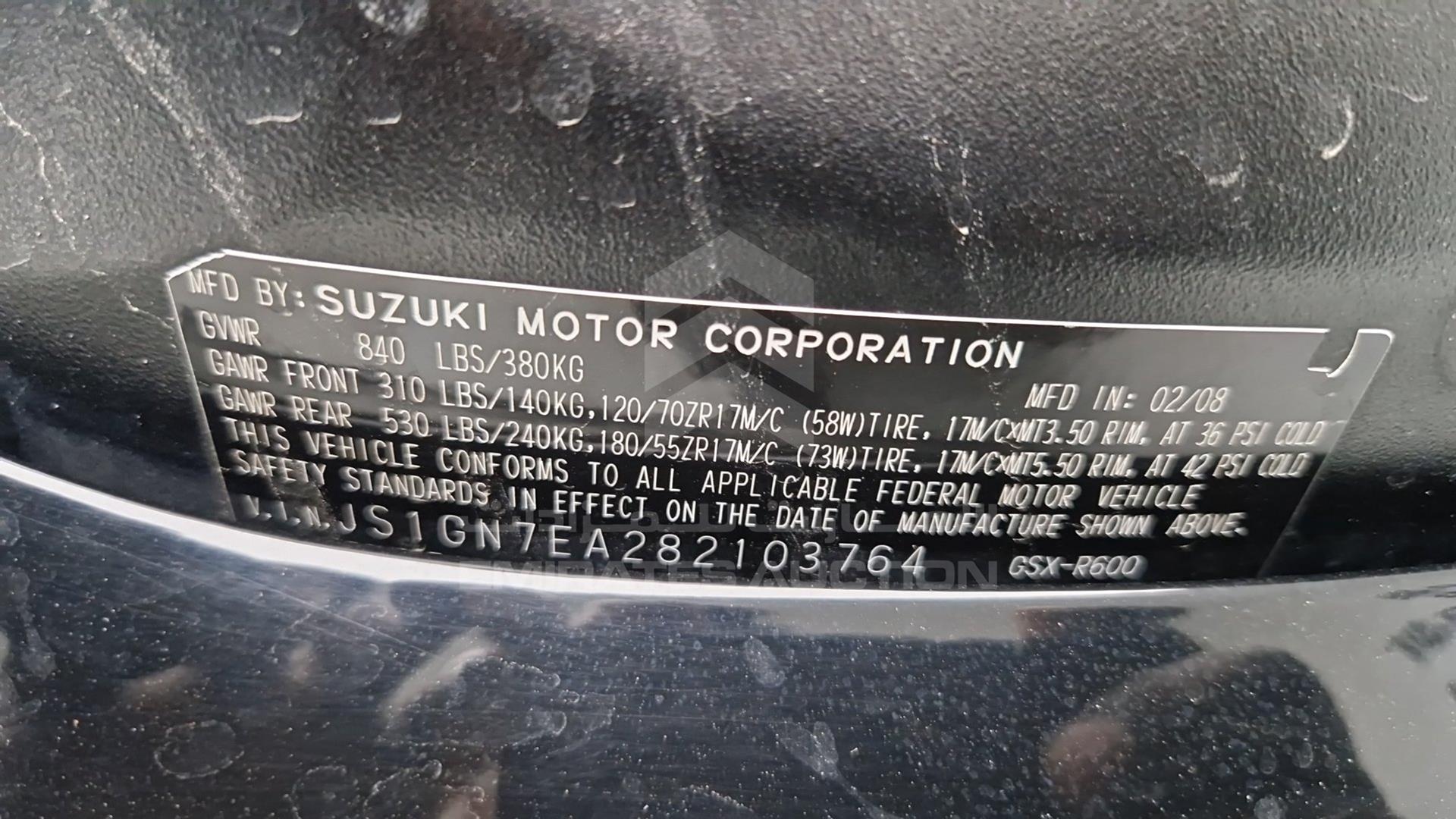 2008 SUZUKI GSXR600K9 VIN: JS1GN7EA282103764