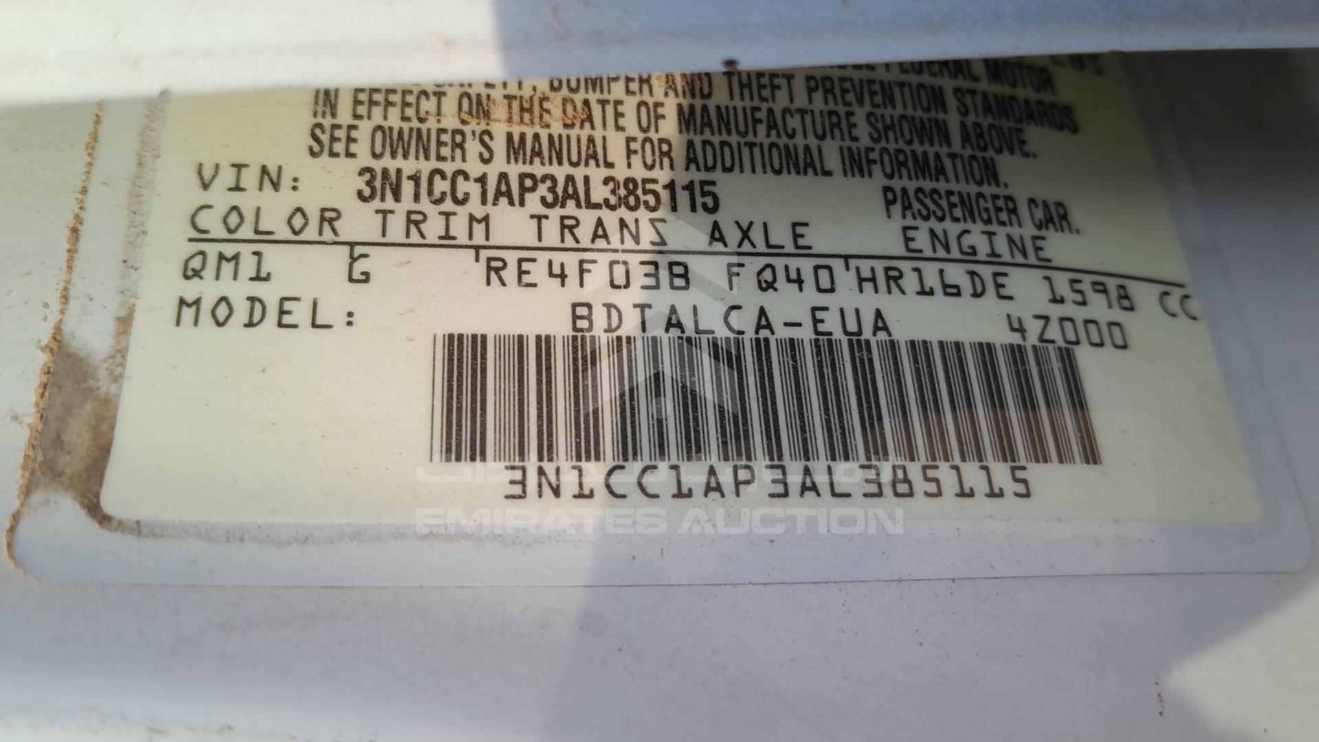 2010 NISSAN VERSA VIN: 3N1CC1AP3AL385115