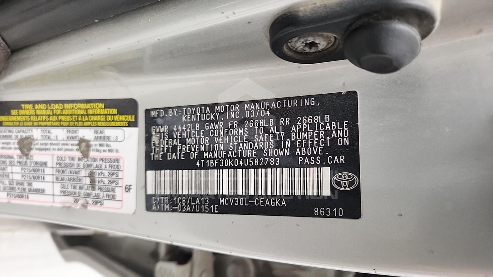 2004 TOYOTA CAMRY VIN: 4T1BF30K04U582783