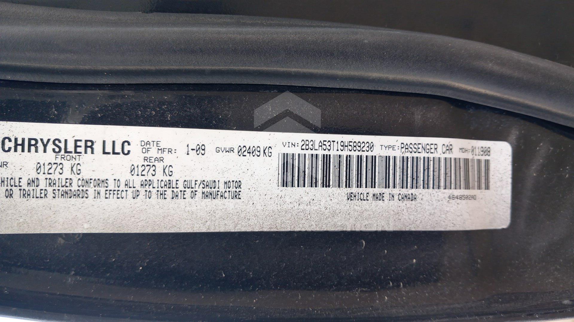 2009 DODGE CHARGER VIN: 2B3LA53T19H589230