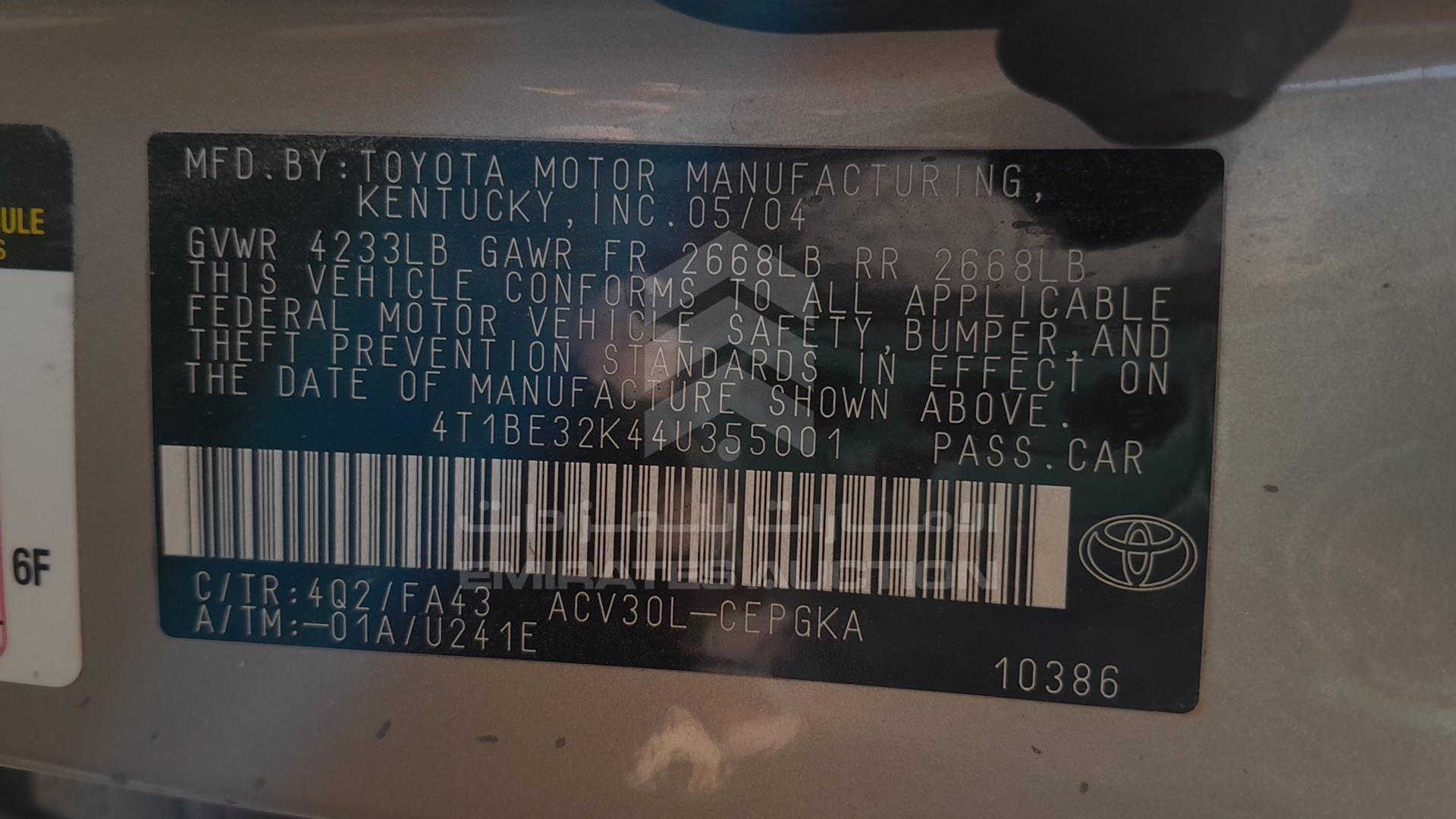 2004 TOYOTA CAMRY VIN: 4T1BE32K44U355001
