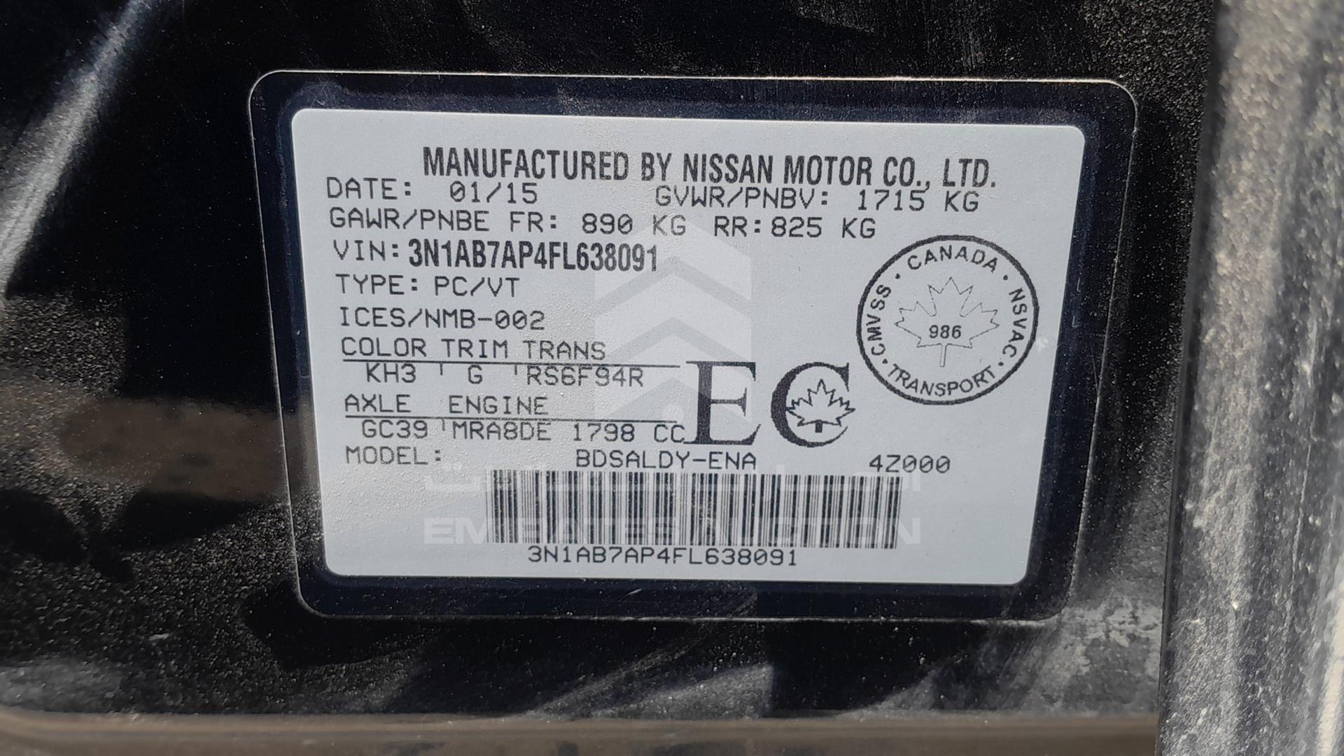 2015 NISSAN SENTRA VIN: 3N1AB7AP4FL638091