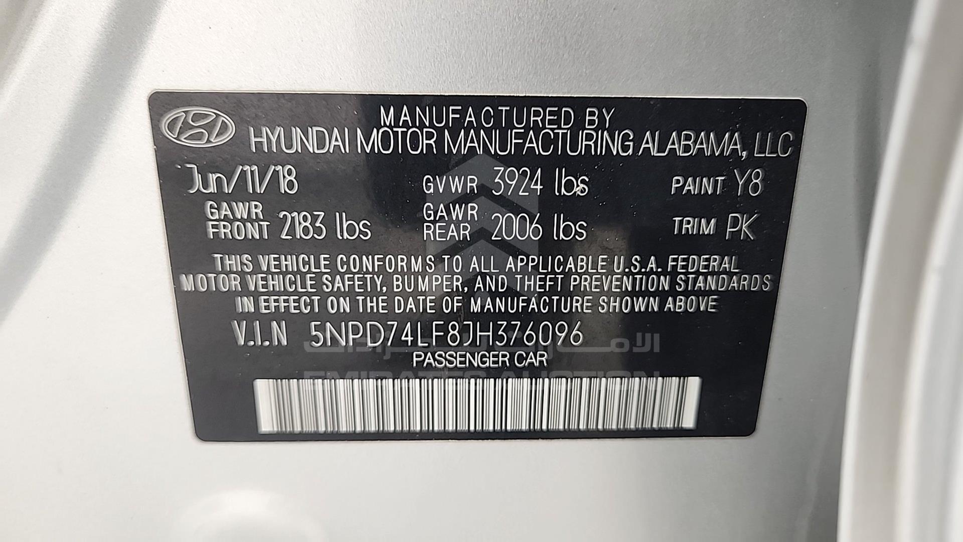 2018 HYUNDAI ELANTRA VIN: 5NPD74LF8JH376096