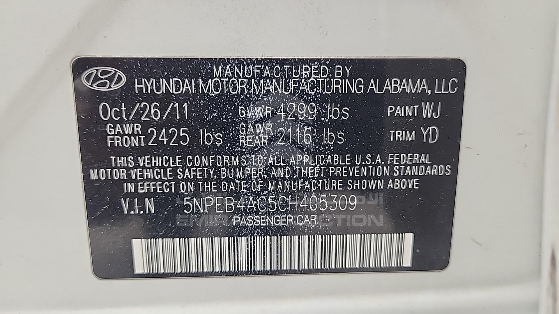 2012 HYUNDAI SONATA VIN: 5NPEB4AC5CH405309