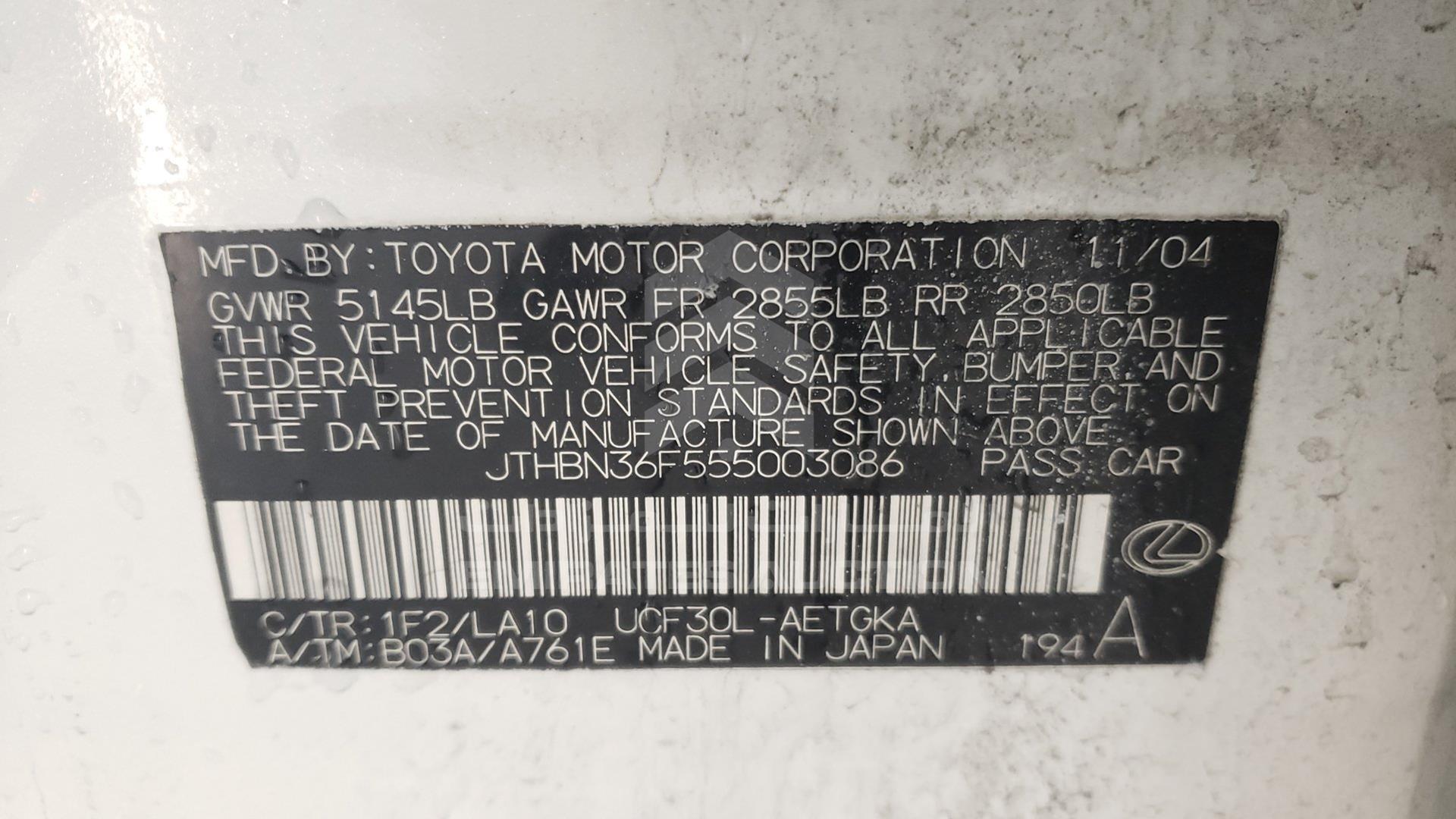 2005 LEXUS LS 430 VIN: JTHBN36F555003086