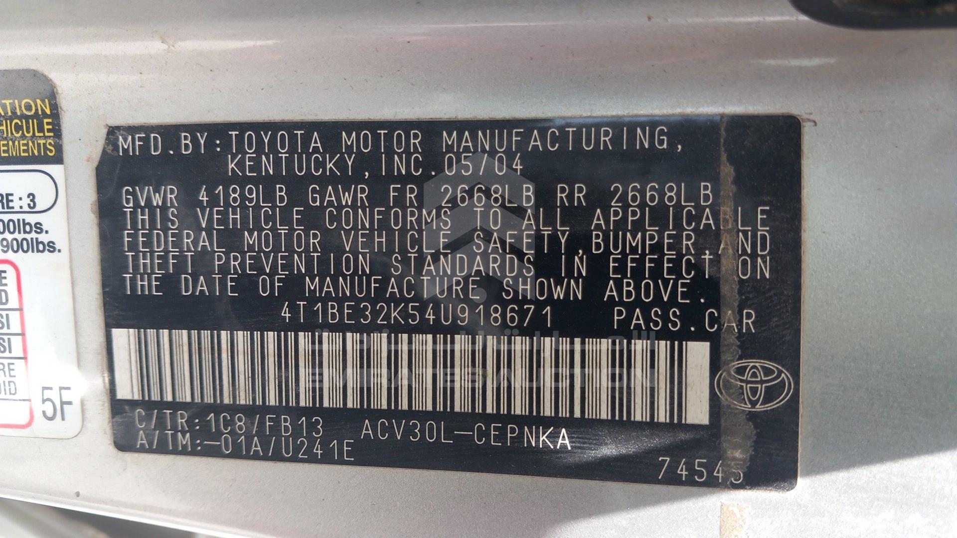 2004 TOYOTA CAMRY VIN: 4T1BE32K54U918671