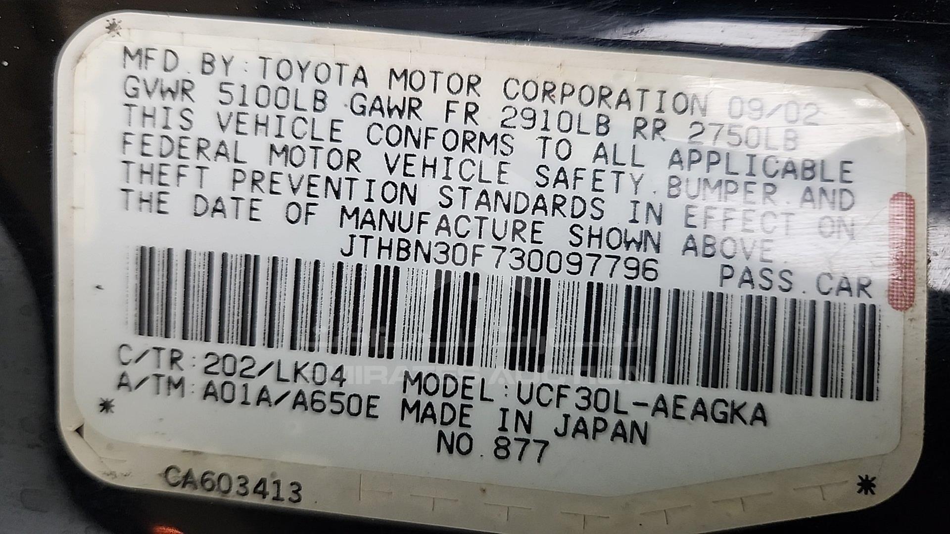 2003 LEXUS 430 VIN: JTHBN30F730097796