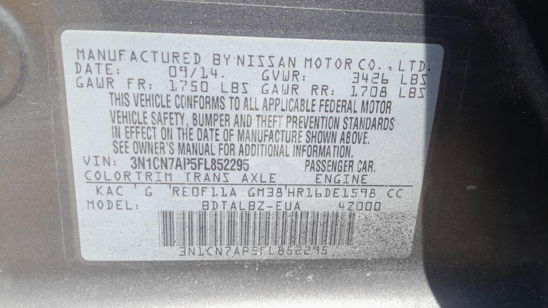 2015 NISSAN VERSA VIN: 3N1CN7AP5FL852295