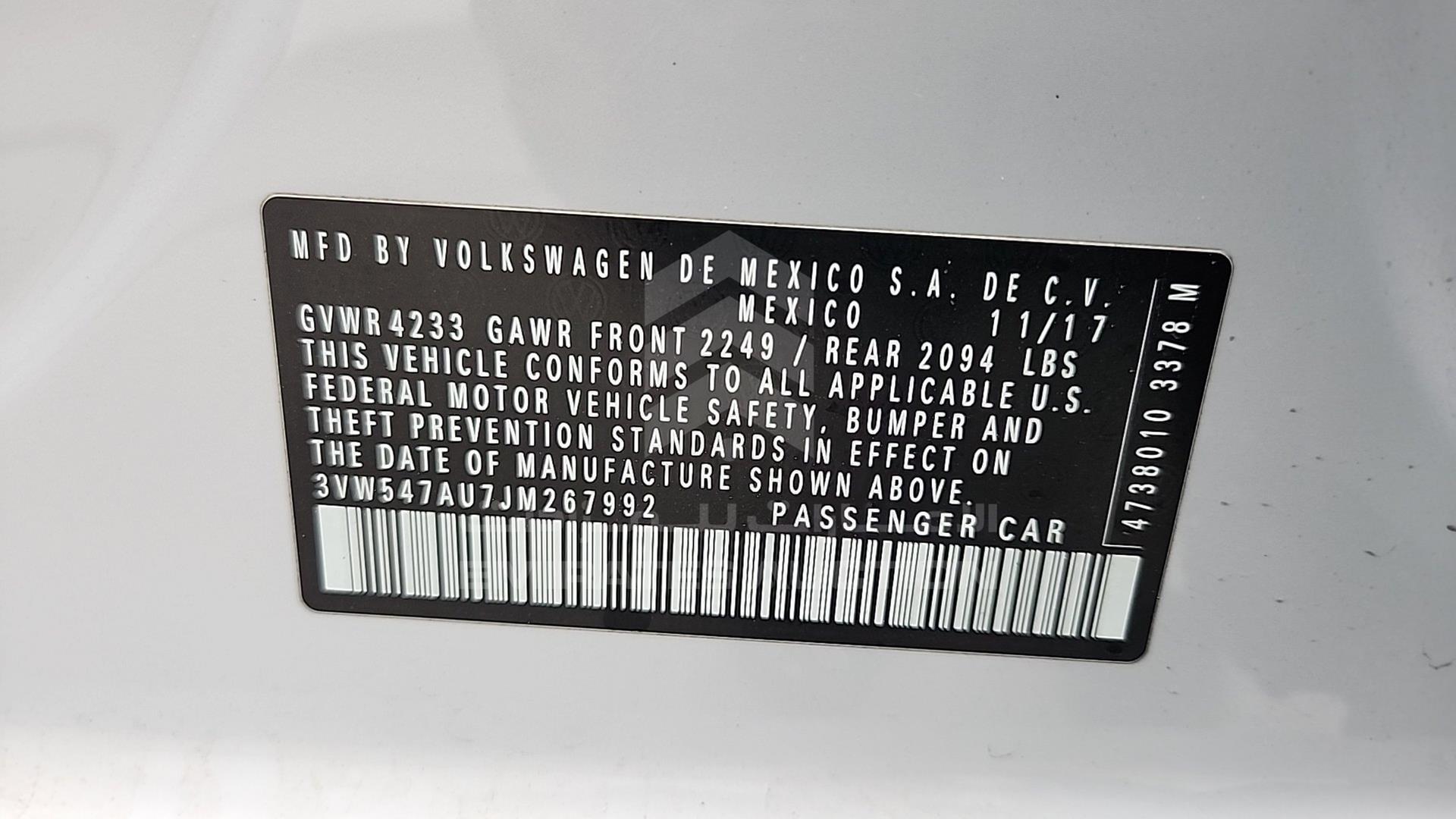 2018 VOLKSWAGEN GOLF VIN: 3VW547AU7JM267992