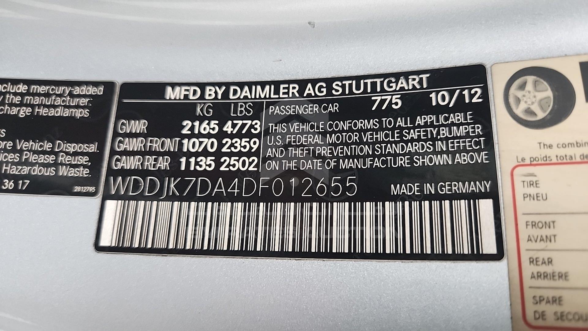 2013 MERCEDES SL 550 VIN: WDDJK7DA4DF012655