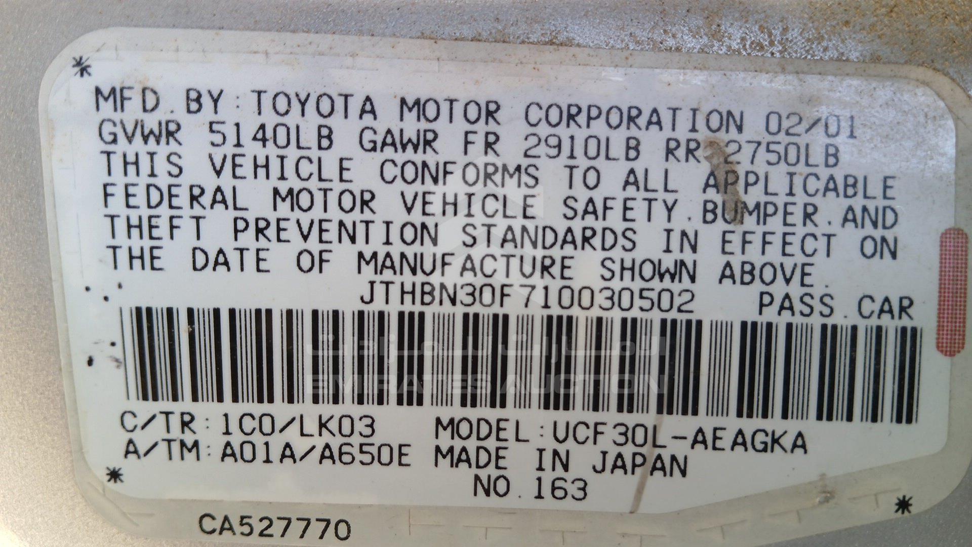 2001 LEXUS LS 430 VIN: JTHBN30F710030502