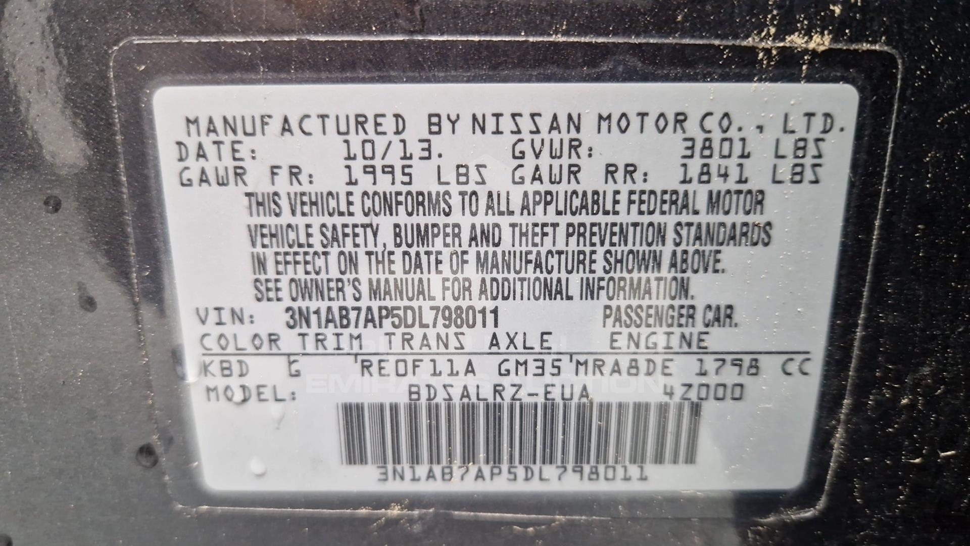 2013 NISSAN SENTRA VIN: 3N1AB7AP5DL798011